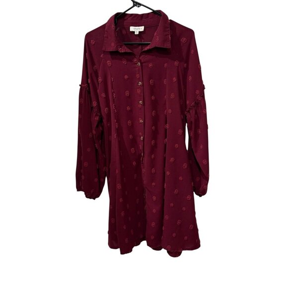Umgee Burgundy Textured Polka Dot Long Sleeve Tunic Dress XL - Picture 1 of 6